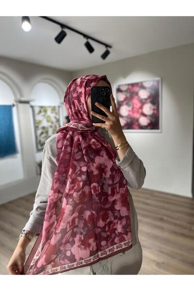 Merwiss Tokyo Çiçek Desen Rami Şal - Vişne