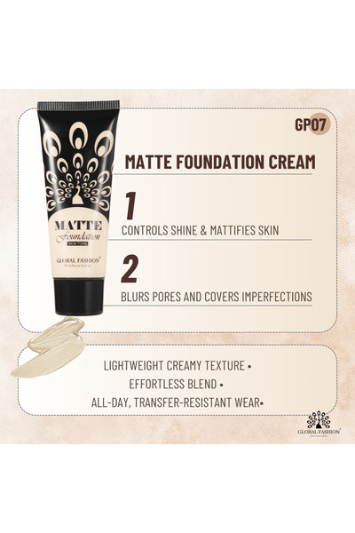 global fashion Matte Foundation 35ml – 8 Shades, Full Coverage, Long-Lasting, Waterproof, Oil-Free Base with SPF 20