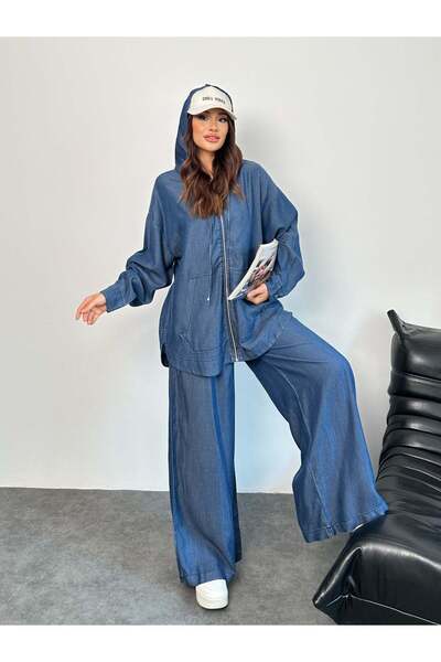 Hatun Atila Джинсовий комплект з капюшоном, вільний крій, синій - 8889