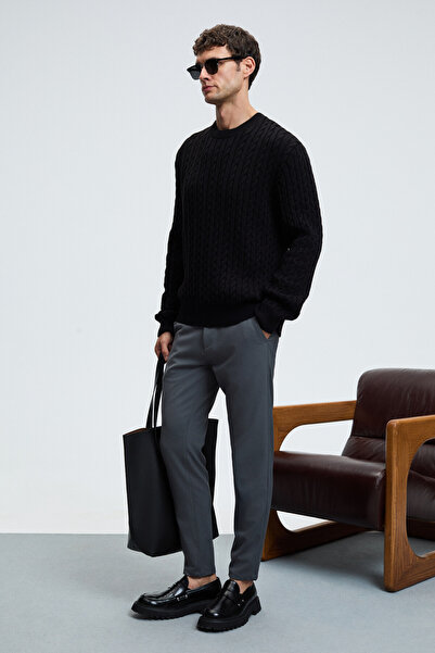 GRIMELANGE Crudo Men's Regular Fit Woven Dark Gray Trousers with Side and Back Pockets and Zipper