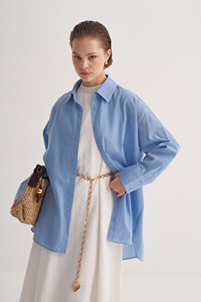 EBU Prive Cămașă pentru femei din bumbac organic supradimensionat Robală albastră