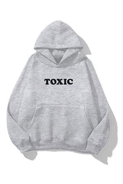 Know Unisex Toxic Baskılı Kapüşonlu Sweatshirt Hoodie Gri
