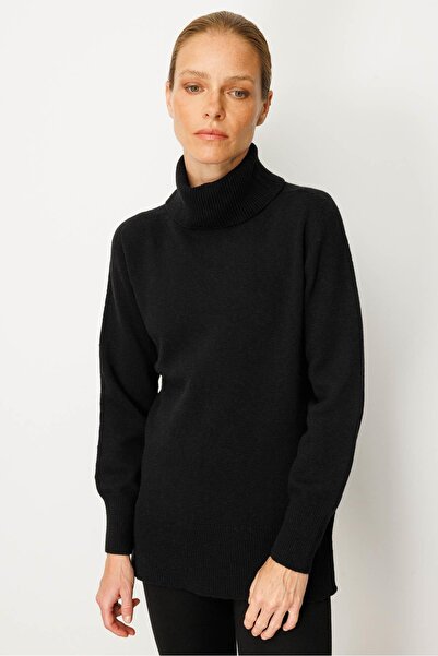 Desen Triko Women's Full Turtleneck Wool Sweater with Side Slits Black