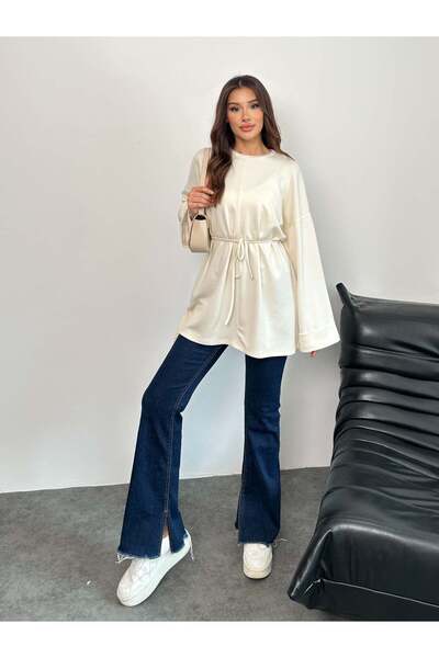 Hatun Atila Women's Waist Tied Sleeve Detailed Tunic 8896 - Ecru