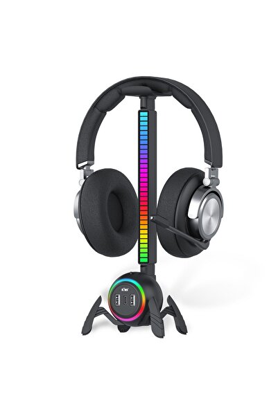 PadForce Suport pentru căști RGB cu 2 porturi USB, 1 port Type-C, sincronizare muzică, gaming, negru