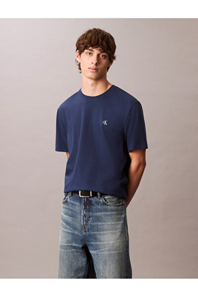 Calvin Klein Men Blue Jean Embroidered Monogram Logo Relaxed T-Shirt
