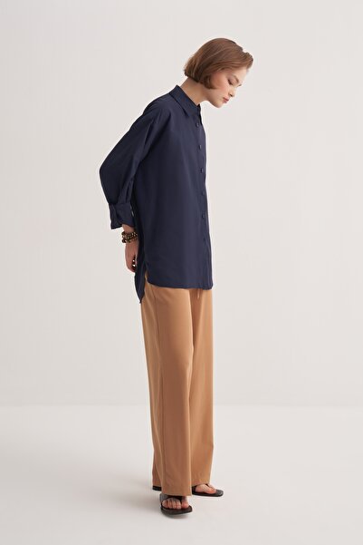 EBU Prive Women's Poplin Oversize Robe Shirt Navy Blue