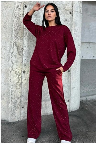 Duruvia boutique Kadın alt üst taş detaylı bisiklet yaka uzun kollu eşofman takımı