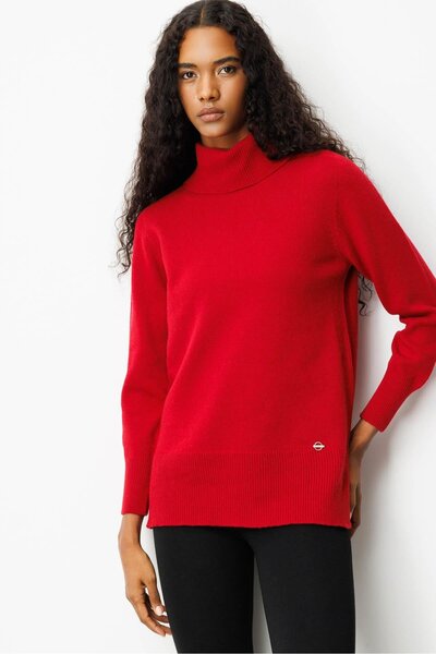 Desen Triko Women's Full Turtleneck Wool Sweater with Side Slits Dark Red