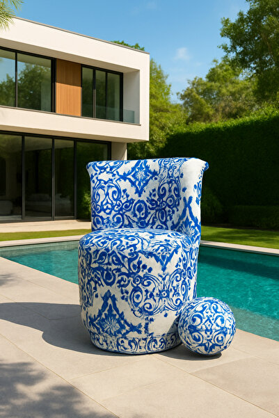 S Home Design Concept Ruby Bleu Blanc Desenli Mavi Beyaz Kadife Kumaş Dekoratif Silindir Mini Berjer Puf