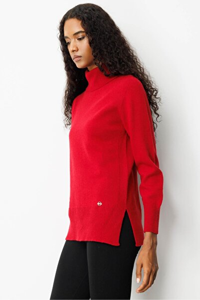 Desen Triko Women's Full Turtleneck Wool Sweater with Side Slits Dark Red