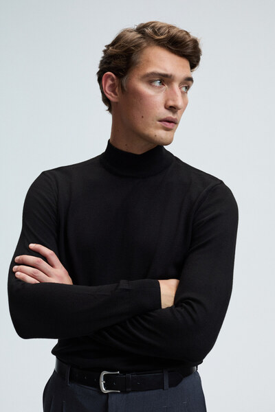 GRIMELANGE Rebel Men's Half Turtleneck Basic Regular Fit Knitwear Black Sweater