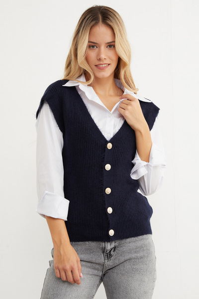 Fulla Moda Bearded Buttoned V-Neck Oversize Vest