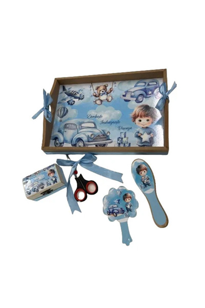 Mamboo Tavă și accesorii pentru ceremonia de tuns a primului păr al băiatului, cu simboluri din copilărie