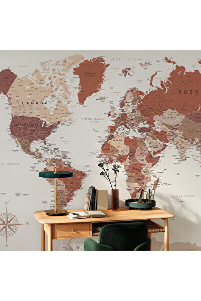 Tasarım Dünya Haritası Kiremit Rengi ve Pastel Tonlar Ülkeler Pusula Ofis Çalışma Odası Duvar Kağıdı