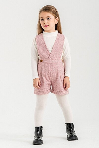 Cansın Mini Pink Girl's Melange Cream Badili Salopet Set 22692