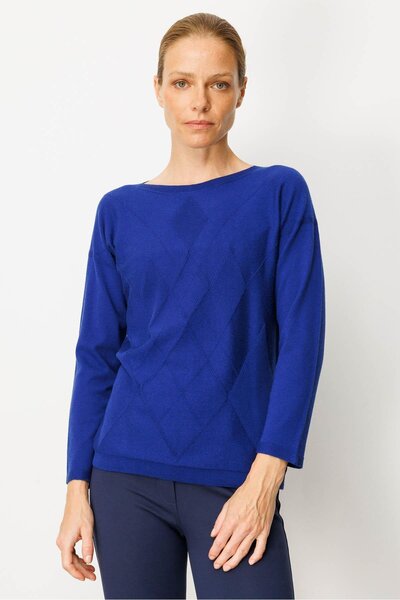 Desen Triko Women's Front Diamond Patterned Side Knitted Sweater Dark Blue