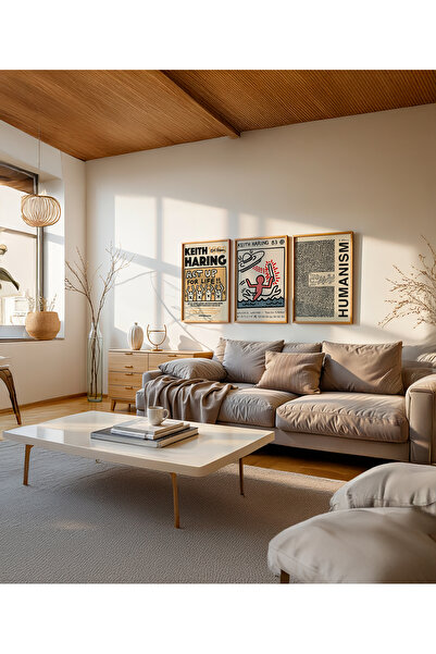 Push Studio Keith Haring - Bright Hopes 3 - Doğal Ahşap Çerçeveli Tablo 3'lü Set