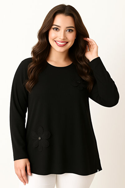 Butik Nilyam Women's Plus Size Crew Neck Long Sleeve Floral Detailed Stretchy Tunic 25006
