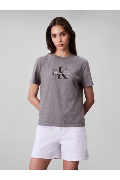 Calvin Klein Women Med Grey Htr Hero Short Sleeve Classic Monologo Cotton Tee