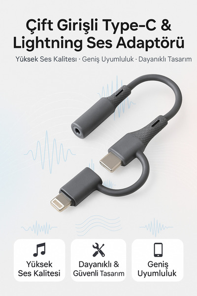 Coverzone Type-C + Lightning to 3.5mm Adaptör Araba, Kulaklık, Ev Ses Sisteml...
