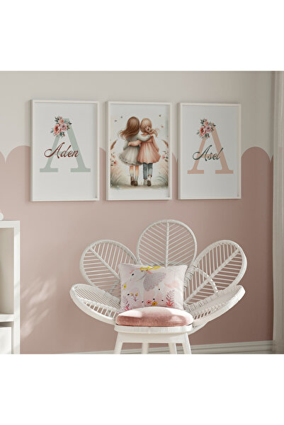 CKA Tasarım Set de tablouri cu nume florale pentru fetițe, pictură pentru camera copiilor, pictură pentru camera bebelușului