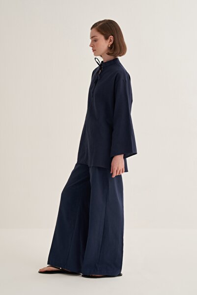 EBU Prive Women's Organic Cotton V-Neck Blouse Navy Blue