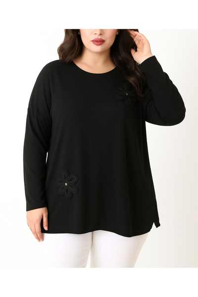 Butik Nilyam Women's Plus Size Crew Neck Long Sleeve Floral Detailed Stretchy Tunic 25006