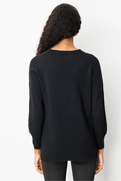 Desen Triko Women's Crew Neck Side Slit Wool Sweater Black