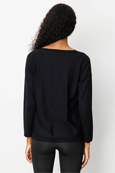 Desen Triko Women's Front Diamond Pattern Side Knit Sweater Black