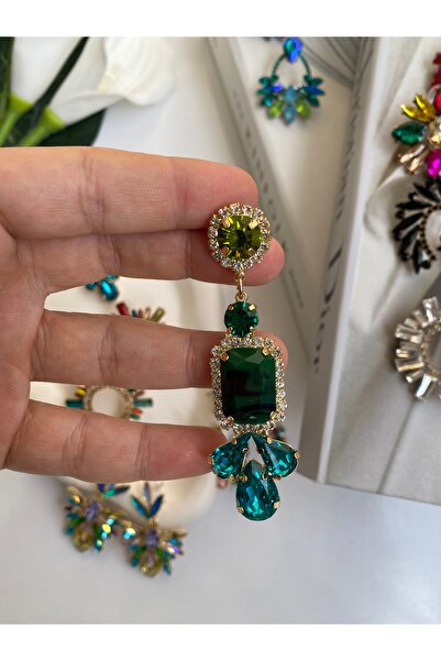 BusradanDesign Özel Seri Zümrüt Yeşili Kristal Zirkon Taşlı Sallantılı Küpe