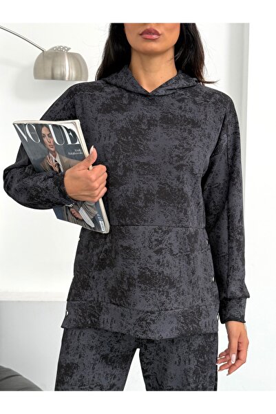 Ded COLLECTION Women's Tie-Dye Patterned Hooded Modal Set with Kangaroo Pocket and Snap Detail