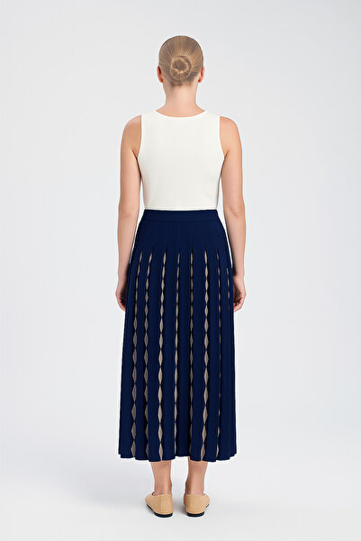Triko Mısırlı Navy Blue Camel Geometric Patterned Pleated Skirt