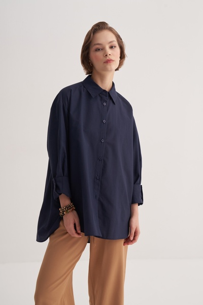 EBU Prive Women's Poplin Oversize Robe Shirt Navy Blue