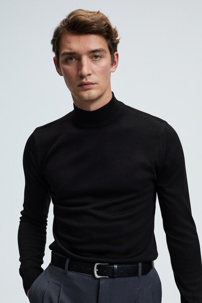 GRIMELANGE Rebel Men's Half Turtleneck Basic Regular Fit Knitwear Black Sweater