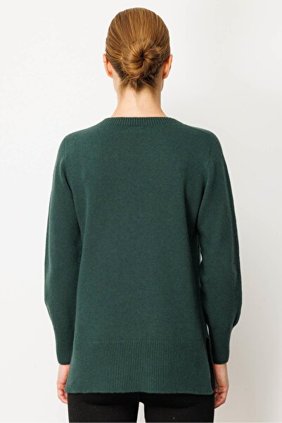 Desen Triko Women's Crew Neck Side Slit Wool Sweater Green