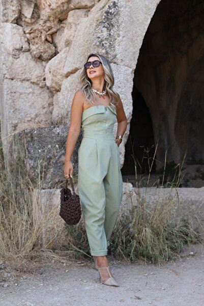 bytugcekaya Khaki Strapless Zipper Detail Jumpsuit