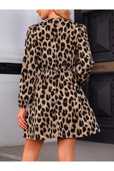 Modayakamoz New Season Leopard Print Women's Double Breasted Collar Long Sleeve Mini Dress with Belt