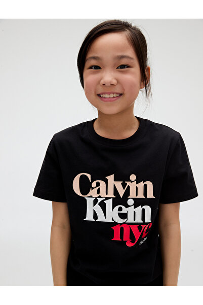 Calvin Klein Girls Black Pearl Signature Nyc Regular Crew Neck T-Shirt