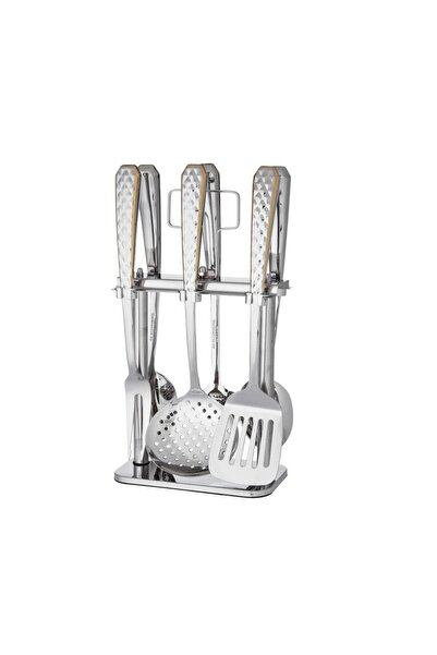 ORIAN مجموعة ملاعق طبخ من الفولاذ المقاوم للصدأ والذهب مكونة من 7 قطع مع حامل