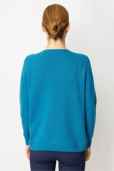 Desen Triko Pulover de lână pentru femei, cu gâtul în formă de O, cu împletitură de păr în față și la mijlocul mâinilor A.Petrol