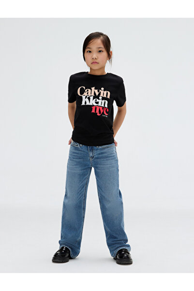 Calvin Klein Girls Black Pearl Signature Nyc Regular Crew Neck T-Shirt
