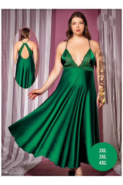 Viselya Set de dantelă cămăși de noapte lungi din satin verde, mărime mare