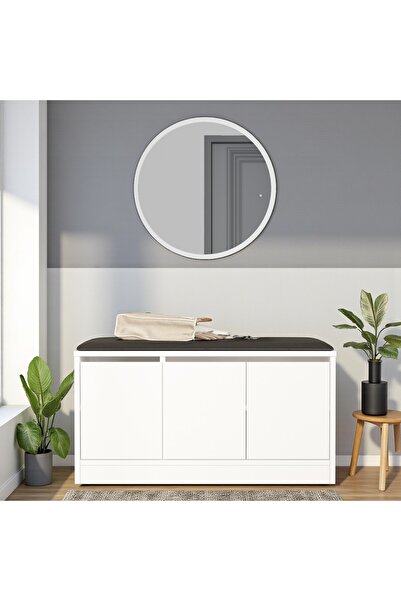 Robin Home Puflu Minderli Oturaklı Aynalı Ayakkabılık Dolap 90cm Beyaz