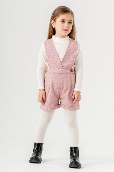 Cansın Mini Pink Girl's Melange Cream Badili Salopet Set 22692