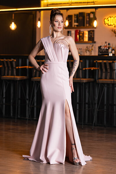 Abiyefon Pudra Tek Omuz Bacak Dekolteli Uzun Abiye ABU4793