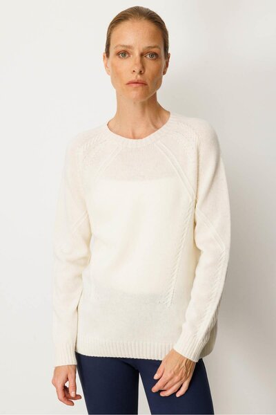 Desen Triko Women's Crew Neck Front and Mid-Sleeve Hair Knit Wool Sweater Bone