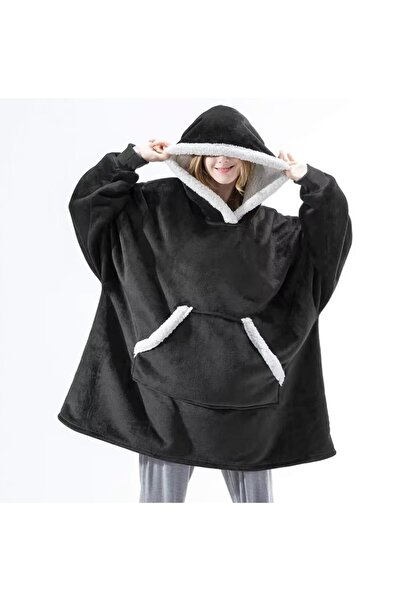 zola Hooded blanket sweatshirt with sleeves, warm and fluffy, spacious pocket, 95 x 80 cm, black