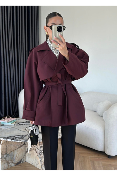 My Blog Burgundy Windbreaker Detailed Belted Short Trench Coat - 7556