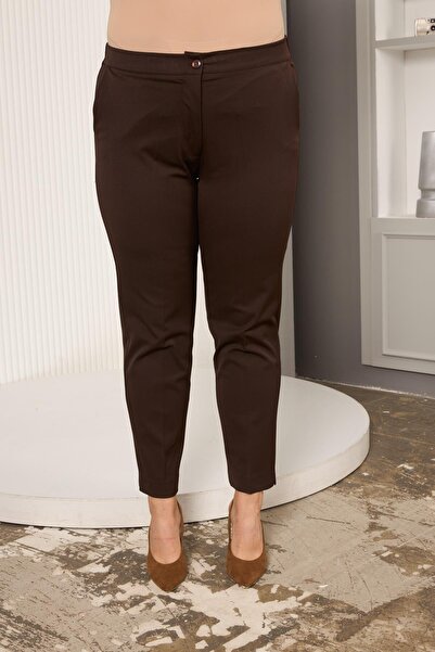 RMG Elastic Waist Mini Slit Plus Size Brown Fabric Trousers